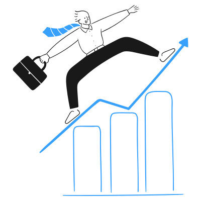 Businessman with a briefcase and tie leaping over a rising bar chart, symbolizing growth and success achieved through high converting websites for cleaning businesses.